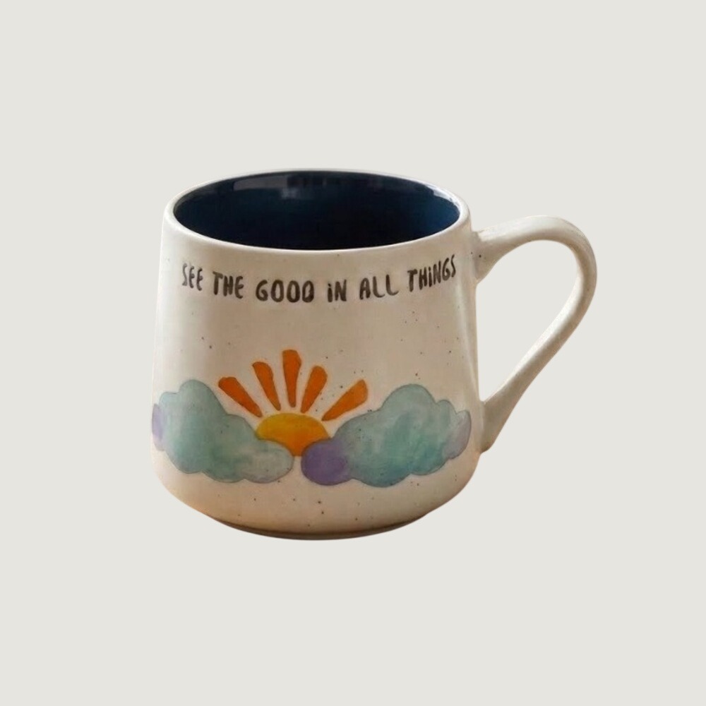 Good Day See The Good In All Things Speckled Ceramic Coffee Mug Sun Clouds Navy